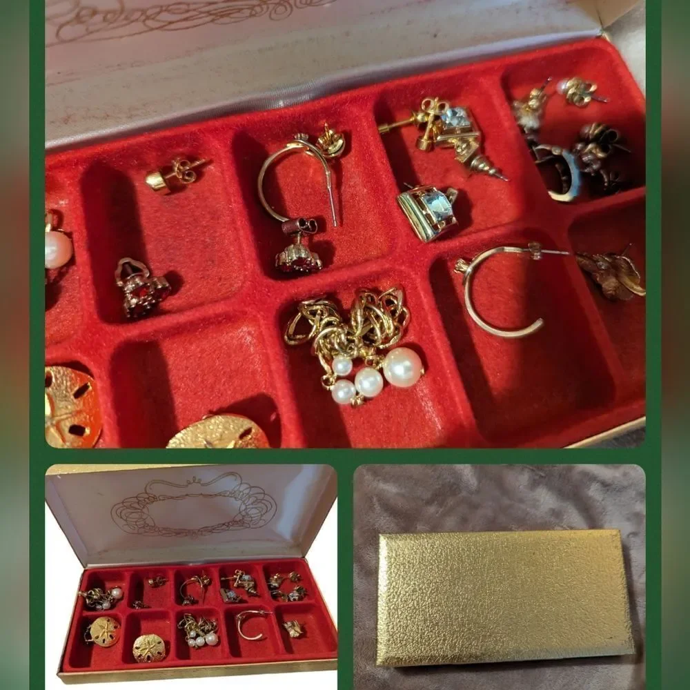 Vintage‎ jewelry box with gold tone earrings